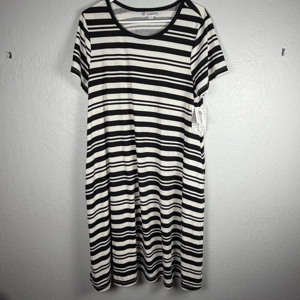 LuLaRoe Jessie Women’s L Black Ivory Striped Swing Dress Pockets NWT
